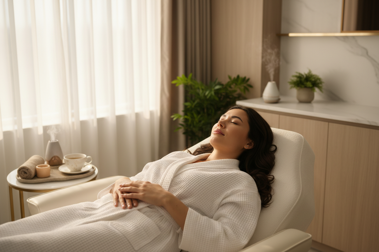 FOTO DE MUJER EN CLINICA ESTETICA RELISTA Y QUE SE VEA QUE ESTA EN BINESTAR